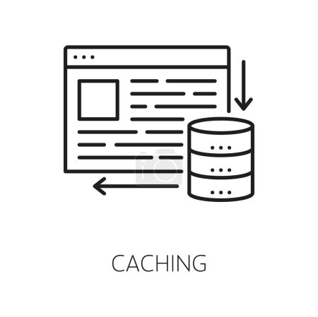 Illustration for Caching. CDN. Content delivery network icon, blog portal content delivery and backup server, web media data publishing system, CDN outline vector symbol or icon with web page and data storage device - Royalty Free Image
