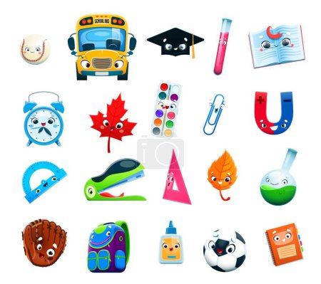Illustration for Cartoon school characters. Kids education supplies and items set. Notebook, bus, baseball glove, soccer ball, flask and alarm clock, book, ruler, maple leaf, bag isolated vector cheerful personages - Royalty Free Image