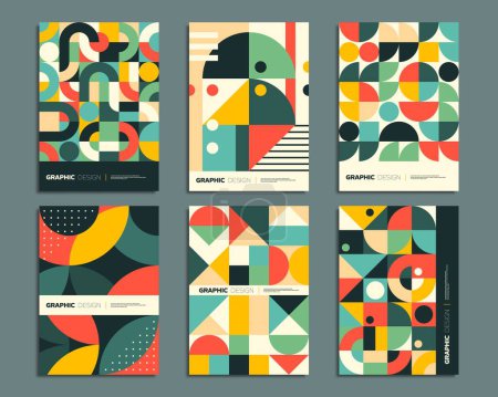 Ilustración de Carteles de Bauhaus con patrones geométricos abstractos de círculos vectoriales, cuadrados, triángulos y formas de puntos. Conjunto de fondos de geometría de color simple retro para artes murales modernas, tarjetas y cubiertas - Imagen libre de derechos