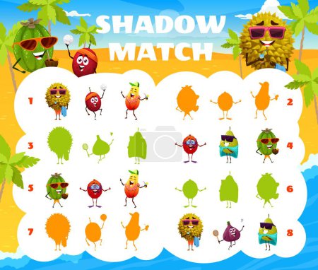 Illustration for Shadow match game, cartoon fruits characters on summer beach, vector quiz puzzle. Find correct shadow, kids quiz game with cartoon funny papaya, lychee and fig, durian and feijoa at sea beach - Royalty Free Image