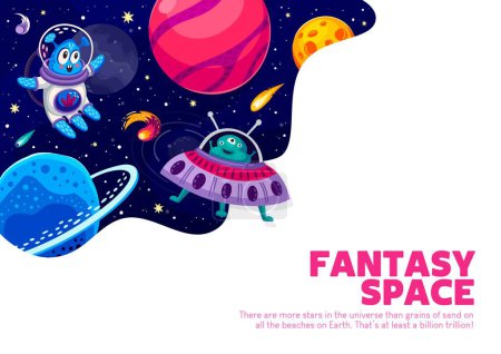 Illustration for Space poster, cartoon ufo saucer and alien in starry galaxy. Astronomy science and galaxy travel, cosmos discovery vector banner with funny alien astronauts characters flying in UFO saucer and planets - Royalty Free Image