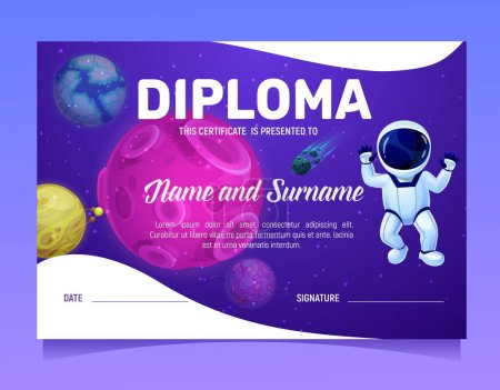 Illustration for Kids diploma with cartoon galaxy space planets and astronaut vector background. Preschool graduation diploma or certificate of education achievement with Moon and Earth planets, stars and asteroid - Royalty Free Image
