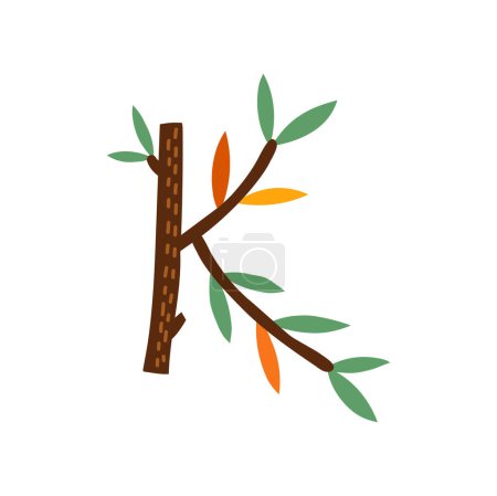 Illustration for K letter of autumn alphabet sign, isolated ABC of Thanksgiving day.. Vector English or Latin alphabet type, funny tree with leaves - Royalty Free Image