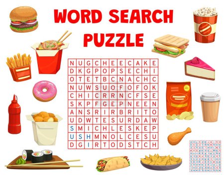 Illustration for Fast food snacks word search puzzle or game worksheet, vector word quiz. Search and find word of fast food burger, burrito or cheesecake dessert, popcorn and sushi with noodles and sandwich - Royalty Free Image