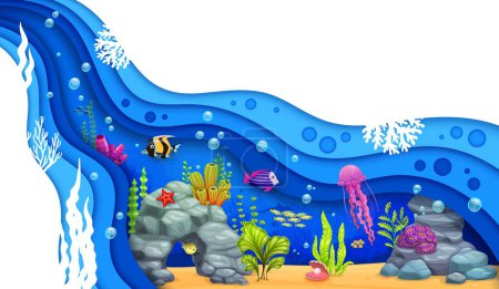 Illustration for Cartoon underwater paper cut sea landscape with tropical fish, seaweeds and jellyfish, vector undersea background. Sea world or ocean coral reef in papercut layers of starfish, jellyfish and shell - Royalty Free Image