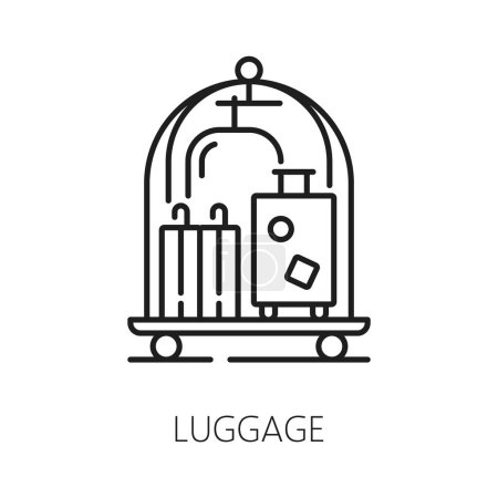 Téléchargez les illustrations : Chariot à icône vectorielle avec valises. Porter service d'hôtel, transport de bagages ou de bagages, sacs de voyage internationaux sur chariot - en licence libre de droit