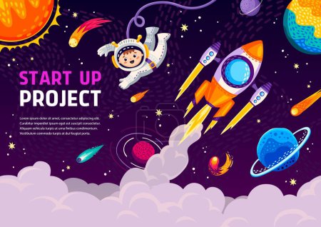 Illustration for Fast start, cartoon spaceship rocket launch with chemtrail clouds. Vector space themed banner or landing page for business start up project with astronaut, spaceship takeoff and galaxy planets - Royalty Free Image