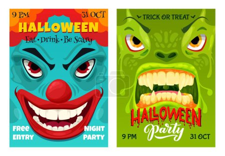 Illustration for Halloween party flyer, cartoon monster characters. Vector Happy Halloween horror night event cards, invitation posters with creepy clown and alien reptile faces with open toothy mouth and sharp teeth - Royalty Free Image