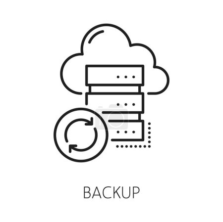 Illustration for Backup. CDN. Content delivery network icon, website administration technology, media data upload service and CDN server outline vector sign or thin line pictogram with computer and cloud - Royalty Free Image