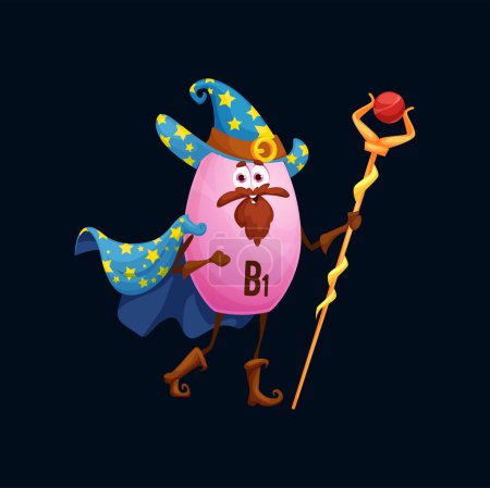 Illustration for Cartoon vitamin B1 mage character. Vector wizard thiamine capsule holding staff. Magical food supplement personage with beard wear cloak and pointed hat with stars. Isolated purple sorcerer pill drug - Royalty Free Image