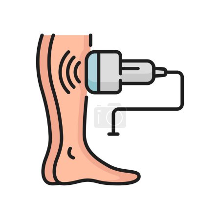 Illustration for Ultrasound treatment of varicose veins isolated outline icon. Vector ultrasound of veins in legs, phlebologist and laser, diagnosis of varicose veins - Royalty Free Image