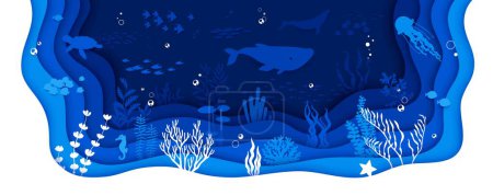 Illustration for Sea paper cut bottom landscape. Whale and jellyfish, fish shoal and turtle silhouettes create stunning underwater scene. Vector 3d art background showcasing the beauty and diversity of marine life - Royalty Free Image
