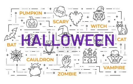Illustration for Halloween word cloud with holiday outline symbols. Vector background with spider web, zombie hand, witch hat, owl and bat. Ghost, cat, vampire and hag characters, castle, cauldron with potion, pumpkin - Royalty Free Image