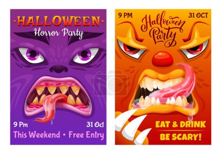 Illustration for Halloween party flyer with cartoon monster characters. Vector invitation posters with alien faces, toothy jaws with sharp teeth, tongue and dripping saliva. Happy horror night event invite cards - Royalty Free Image