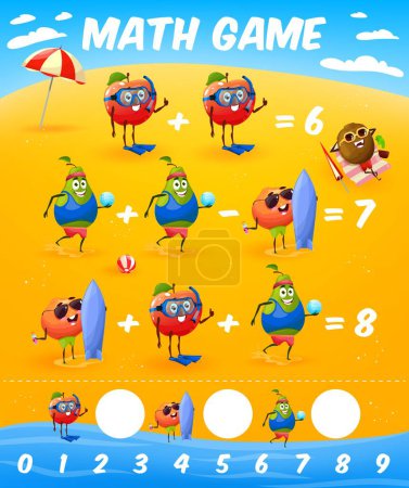 Illustration for Math game worksheet. Cartoon apple, pear and orange characters on summer beach. Kids mathematical vector puzzle quiz with apple diver, guava volleyball player, orange surfer and kiwi personages - Royalty Free Image