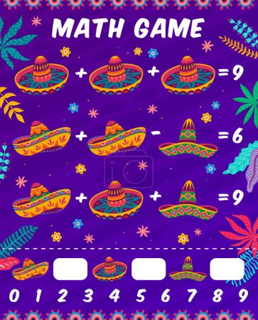 Téléchargez les illustrations : Feuille de calcul de jeu de mathématiques avec chapeaux sombrero mexicains, quiz vectoriel de mathématiques pour les enfants. Chapeaux de sombrero mexicains de bande dessinée dans le jeu de puzzle de mathématiques pour l'addition ou la soustraction des compétences de calcul - en licence libre de droit