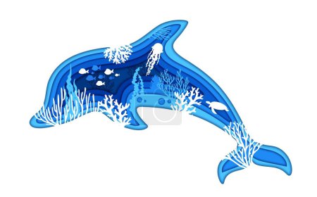 Sea dolphin silhouette, underwater paper cut landscape and seaweeds, vector fish shoal and turtle. Undersea papercut background of dolphin in paper cut layers with silhouette of jellyfish and corals