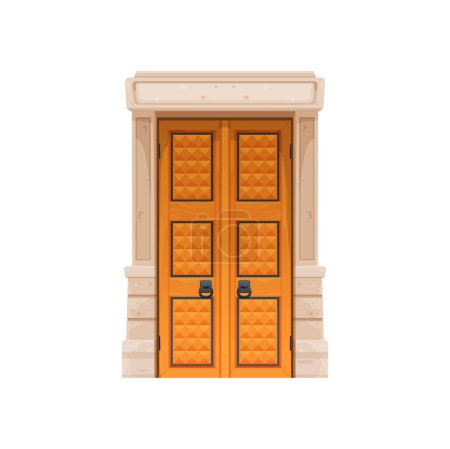 Illustration for Cartoon medieval castle gate, palace wooden door. Ancient house exterior architecture element, medieval palace wooden door or historical building stone isolated vector gate. European castle entrance - Royalty Free Image