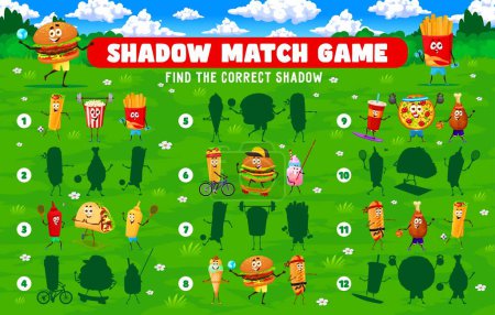 Illustration for Shadow match game. Cartoon fastfood characters on sport vacation. Matching quiz vector worksheet with burger, popcorn, pizza, soda and taco, fries cute personage playing ball, skating and doing sports - Royalty Free Image
