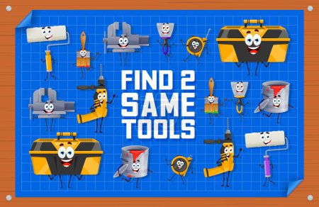 Illustration for Find two same cartoon repair and DIY work tool characters, vector puzzle worksheet. Kids quiz game to find two same work tools of drill and toolbox with paint bucket, paintbrush and measure tape - Royalty Free Image