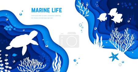 Landing page sea underwater paper cut landscape with fish, turtle and seaweeds silhouettes. 3d vector web banner template, papercut background features marine ecosystem, nature and wild reef life