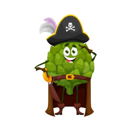 Illustration for Cartoon Halloween artichoke pirate character. Vector All Hallows Eve plant cheerful corsair. Comic vegetable sea dog wear fete filibuster captain clothing. Greens wear buccaneer cocked hat and cape - Royalty Free Image
