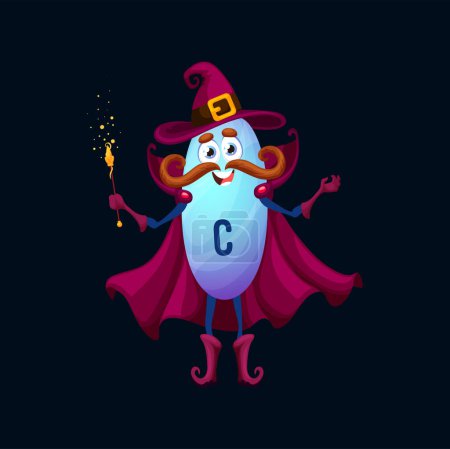 Illustration for Cartoon vitamin C wizard character. Vector ascorbic acid capsule, magical nutritional supplement personage with sparkling wand. Isolated moustached funny mage in cloak and pointed hat casting spell - Royalty Free Image