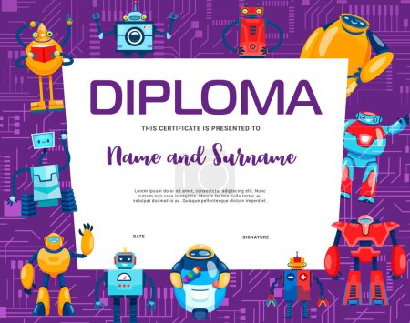 Illustration for Kids diploma. Cartoon robot and droid characters vector certificate of school or kindergarten education. Graduation diploma certificate background frame with cute retro bot toys, androids and cyborgs - Royalty Free Image