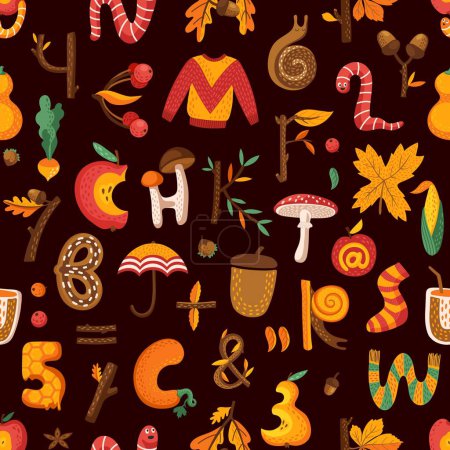 Illustration for Cartoon autumn and Thanksgiving letters or numbers seamless pattern. Vector background with alphabet font of fall season harvest festival. Autumn leaves, pumpkins and corn, apple and acorns abc type - Royalty Free Image