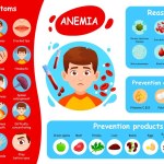 Anemia symptoms. Deficiency of iron, blood disease infographics or medical poster vector template. Anemia reasons and prevention info brochure or scheme with sick kid face, blood disease symptoms list