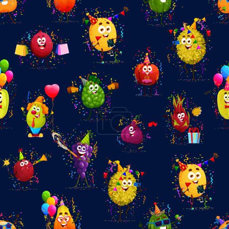 Illustration for Cartoon fruit characters on birthday holiday, seamless pattern. Vector tiled background with melon, bergamot, durian and carambola. Figs, dragon fruit, papaya and tangerine or lychee celebrate party - Royalty Free Image