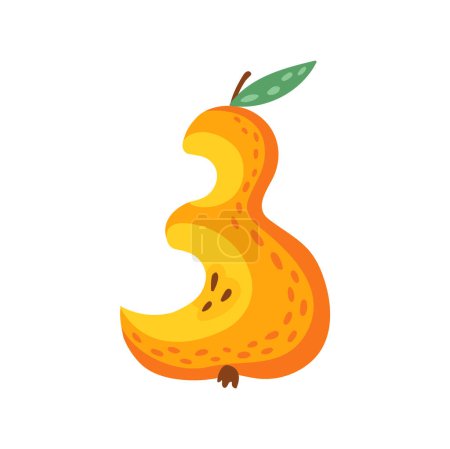 Illustration for Three digit ABC font element in shape of pear, autumn font cartoon numeral, calendar, calculator element. Vector figure with 3 third number of bitten fruit - Royalty Free Image