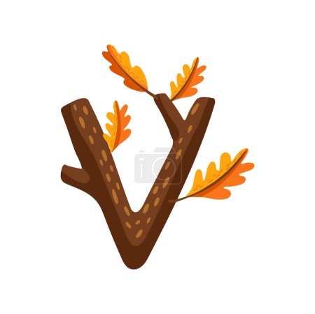 Illustration for V letter autumn font ABC, typeset or typeface of autumn tree branches with acorn leaves. Vector typography capital uppercase letter of English alphabet - Royalty Free Image