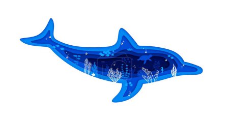 Téléchargez les illustrations : Silhouette de dauphin et papier de mer découpés paysage sous-marin. Cadre vectoriel 3D en forme d'animal de l'océan crée une ambiance sereine et paisible, évoquant la tranquillité et la beauté de la profondeur aquatique - en licence libre de droit
