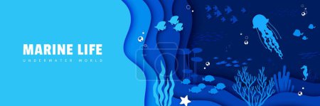 Téléchargez les illustrations : Bannière paysage en papier de mer. Des silhouettes de bancs de poissons, de méduses et d'algues ornent un design complexe, créant une représentation fascinante de la vie marine et de la beauté de l'océan, un modèle de page de destination vectorielle - en licence libre de droit
