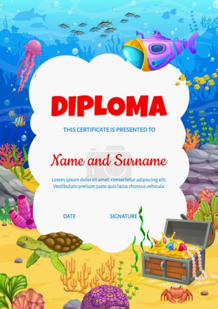 Illustration for Kids diploma cartoon sea underwater landscape with fish shoal, seaweed, turtle and treasure chest. Vector educational school or kindergarten certificate with undersea bottom, award frame template - Royalty Free Image