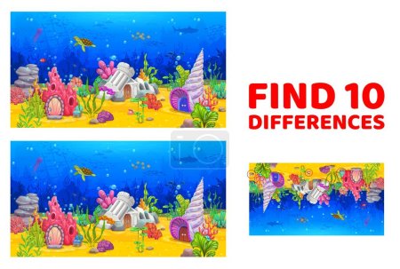 Find ten differences. Cartoon sea underwater landscape with fairytale house buildings. Difference search kids game vector worksheet with coral, castle and seashell, fantasy dwelling on ocean bottom