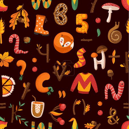 Illustration for Cartoon autumn and Thanksgiving letters or numbers seamless pattern. Fall season leaves and pumpkin alphabet vector background of autumn harvest festival. Thanksgiving abc type with apple, maple, fox - Royalty Free Image
