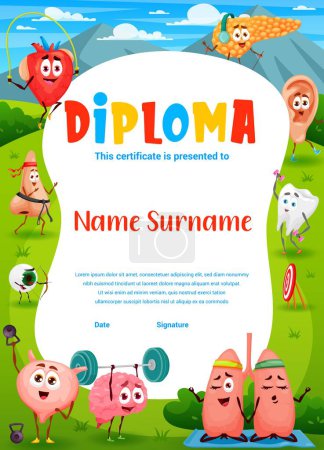 Illustration for Kids diploma cartoon funny human organs sportsman characters. Vector certificate with heart, bladder, ear and tooth. Pancreas, lungs and nose, eyeball and brain exercising on summer meadow award frame - Royalty Free Image