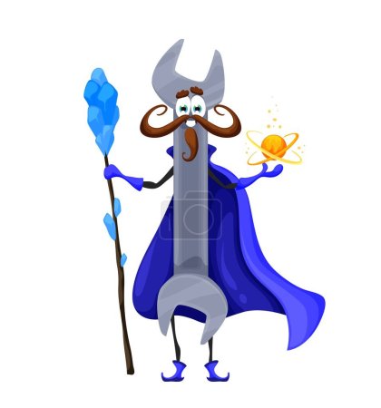 Illustration for Cartoon Halloween wrench tool wizard character. Diy instrument hold staff and power ball. Vector funny smiling construction or fixing instrument personage dressed in warlock robe on holiday party - Royalty Free Image