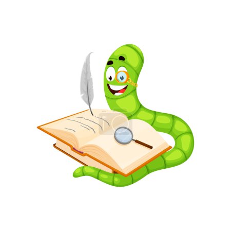 Illustration for Cartoon bookworm character, book worm animal. Cute earthworm author personage wear monocle writing a story with a feather pen and glass, lost in the creative process. Isolated vector funny bug writer - Royalty Free Image