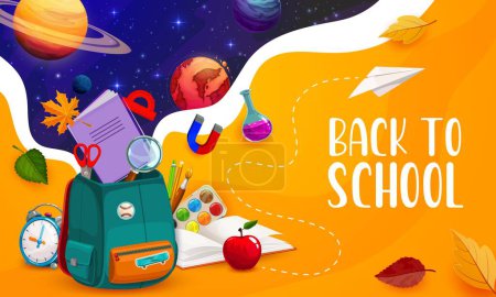 Illustration for Back to school poster, schoolbag with books and space planets landscape. Cartoon vector background with student stationery and cosmos.Pen and pencil, alarm clock, fall leaves, apple, glass and paints - Royalty Free Image