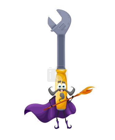 Illustration for Cartoon halloween adjustable wrench tool wizard character. Repair diy or construction instrument hold magic staff. Isolated vector funny smiling personage dressed in warlock robe celebrate wiz party - Royalty Free Image