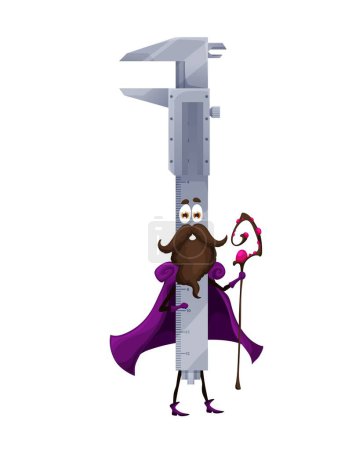 Illustration for Cartoon Halloween vernier caliper tool wizard character. Isolated vector warlock construction measurement instrument dressed in Hallowmas attire with playful face expression holding magic wiz staff - Royalty Free Image
