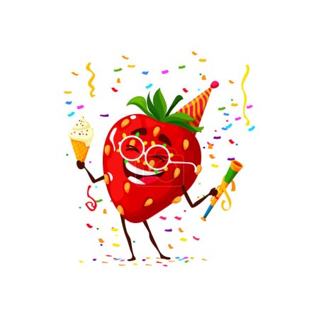 Illustration for Cartoon strawberry berry character, birthday holiday. Kids holiday event happy character, children party or birthday celebration cute berry vector mascot or comical strawberry personage with ice cream - Royalty Free Image