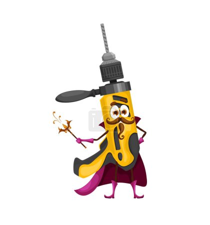 Illustration for Cartoon halloween drill tool wizard character. Funny magician diy personage casts spell with magic wand. Isolated vector whimsical repairment instrument wear sorcerer cape, construction store mascot - Royalty Free Image