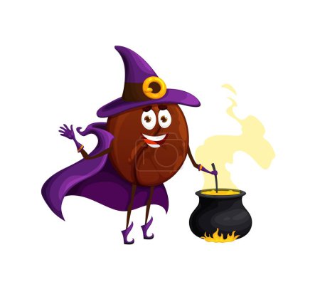 Illustration for Cartoon Halloween coffee bean sorcerer character. Isolated vector funny enchanter grain wear cloak and pointed hat cooking potion in cauldron. Jovial magician personage with enchantment magical items - Royalty Free Image