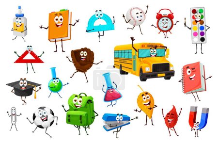 Illustration for Cartoon funny education stationery characters. Vector glue, textbook, ruler, alarm clock and baseball ball with glove. Paints, school bus, academic cap and glass beaker. Rucksack, fallen leaves, clip - Royalty Free Image