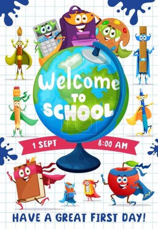 Illustration for Back to school flyer, cartoon superhero stationery characters, vector poster. Welcome back to school, education books, pens and student stationery supplies on textbook checkered background - Royalty Free Image