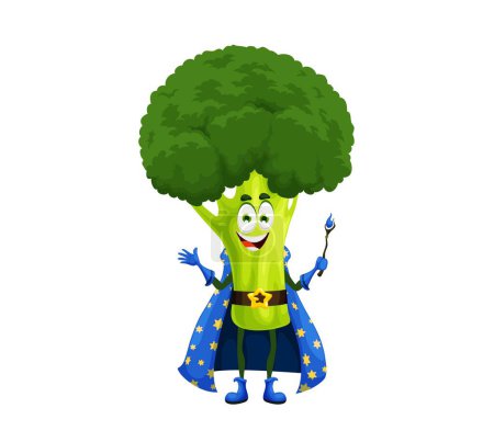 Illustration for Cartoon Halloween broccoli wizard character. Isolated vector warlock vegetable personage holding spellbinding wand, dressed in blue cape with stars. Natural healthy food, fantasy fairy tale veggies - Royalty Free Image